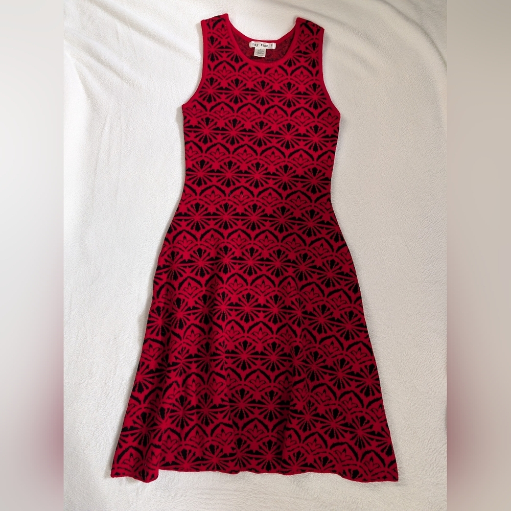 Say What? Beautiful Red dress, fit and flare style, size medium, Black Pattern